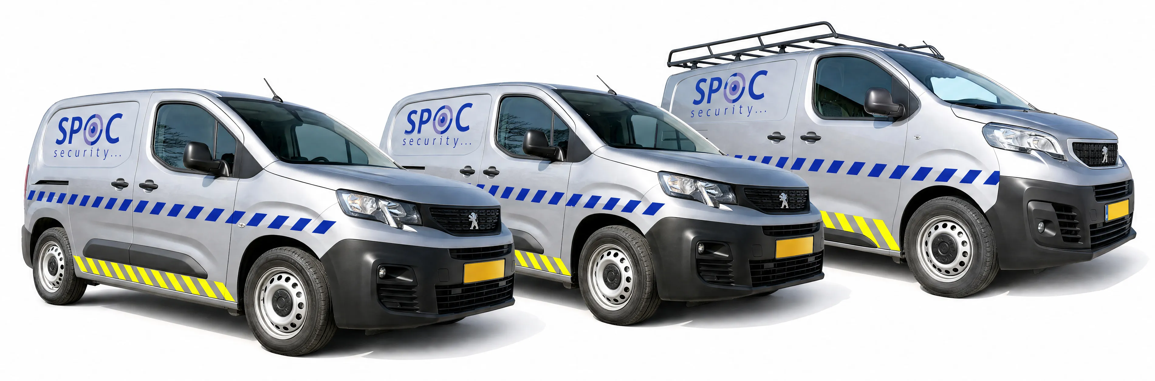 Het wagenpark van SPOC-Security: drie bestelbussen met SPOC-belettering voor beveiliging en installatietechniek